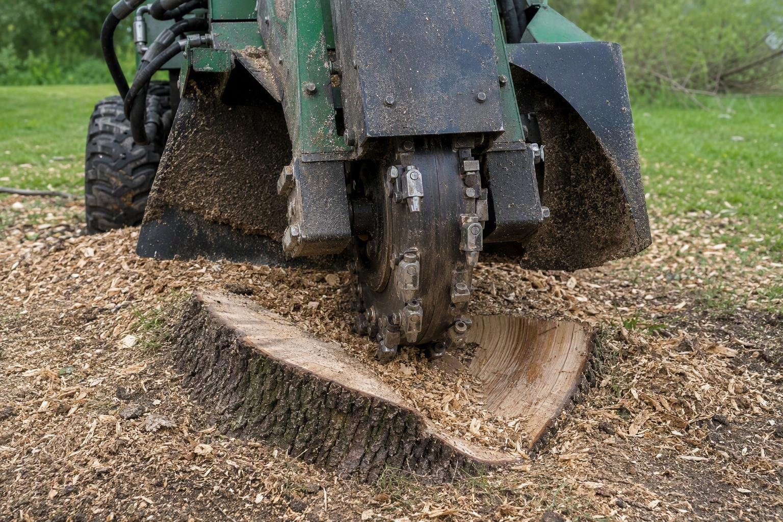 Stump grinding equipment working on a tree stump