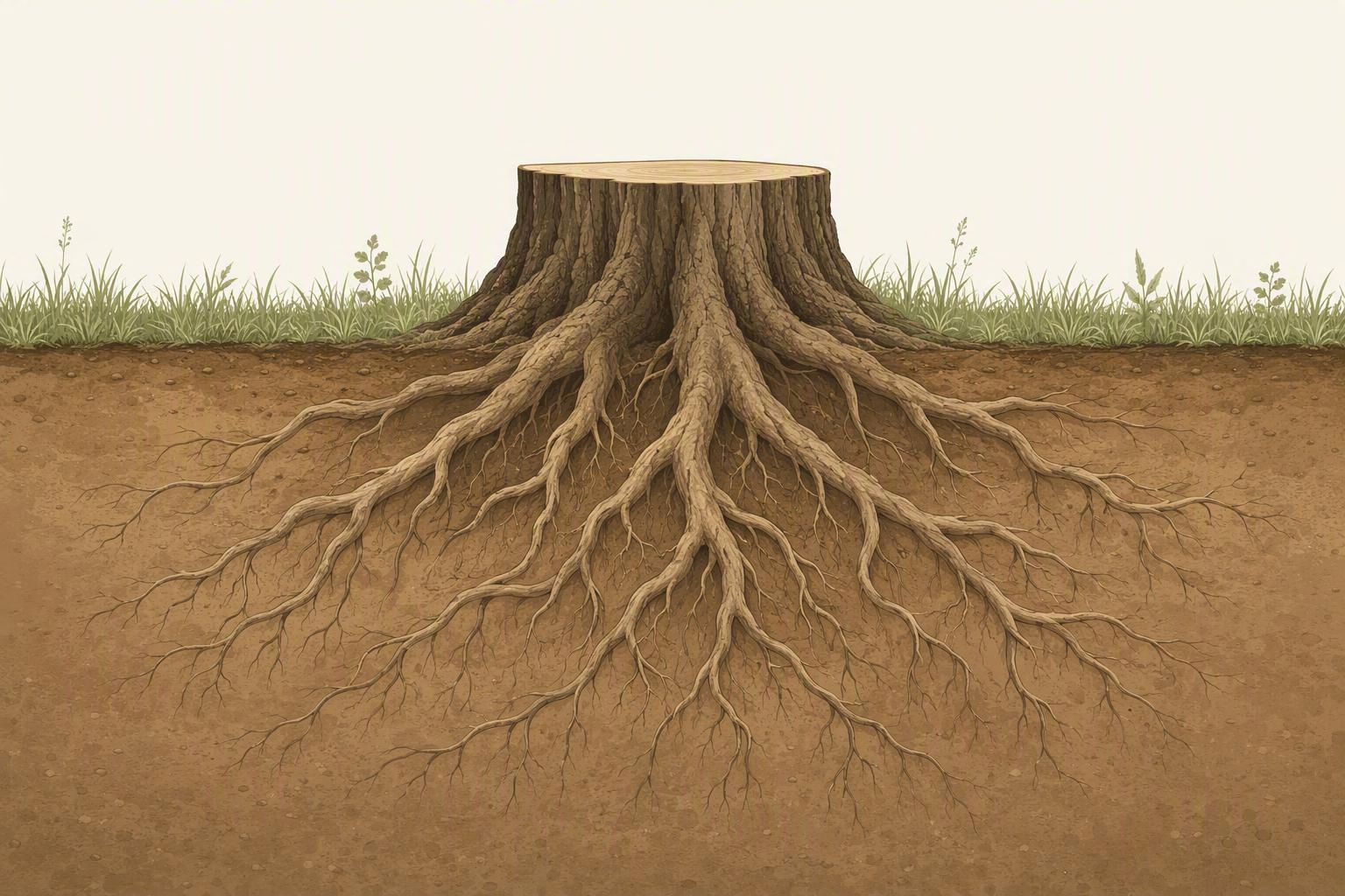 Cutaway illustration of a tree stump above ground with its root system spreading below the soil line
